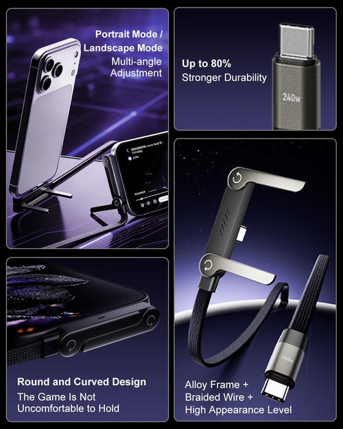 240W Super Fast Charging Invisible Holder Charger Cable with Stand,2-In-1 Braided Charging Cable,Built-In Phone Stand,Multi-Function Foldable 90° USB-C High-Speed Charge Cord,5Ft