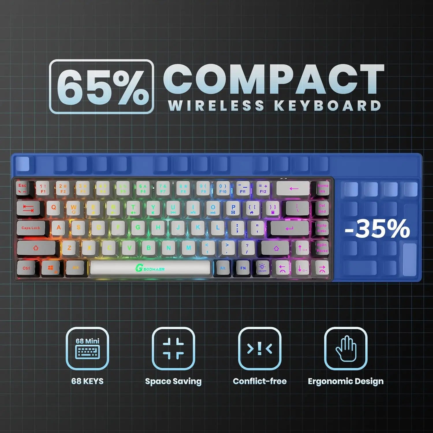 Elevate Your Gaming Experience with the GEODMAER Rechargeable Wireless Backlit Keyboard - 68 Keys Membrane Design for PC in English/Spanish Layout