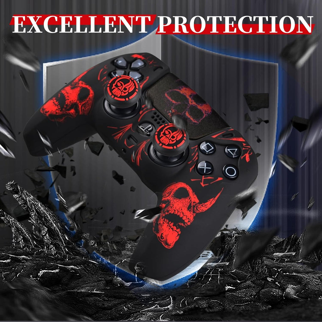 Laser Carving Silicone Skin for PS5 Controller X 1(Skulls Red) with Exclusive Thumb Grips X 8