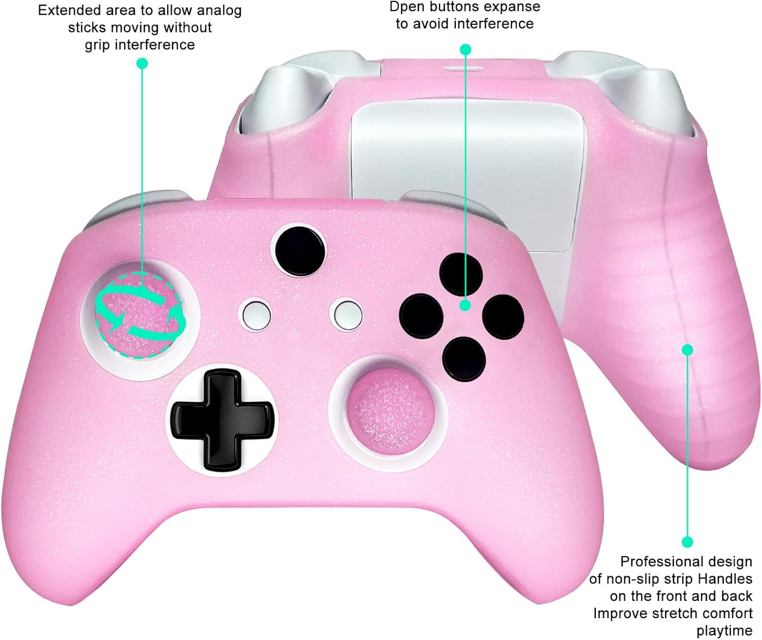 Pink Glitter Anti-Slip Protective Silicone Cover Skin Grips Compatible with Xbox ONE S/X Controller,8 PCS Glitter Thumb Grips Caps and 2 Grips Caps.