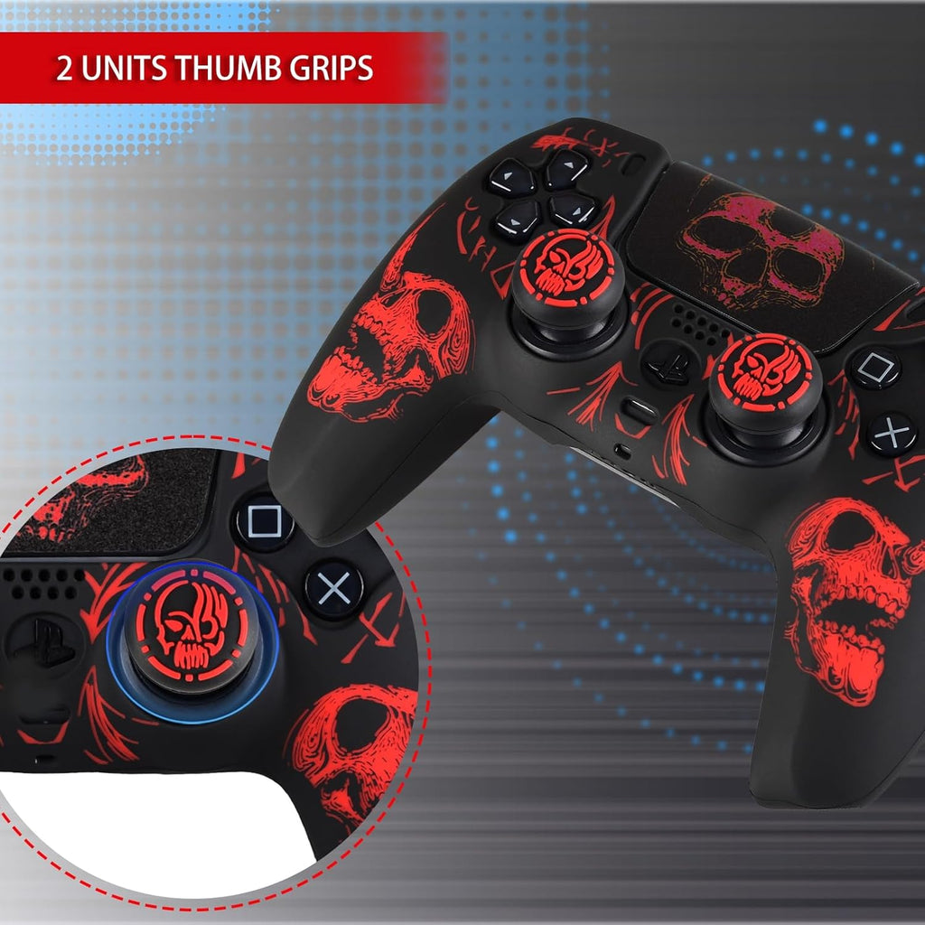 Laser Carving Silicone Skin for PS5 Controller X 1(Skulls Red) with Exclusive Thumb Grips X 8