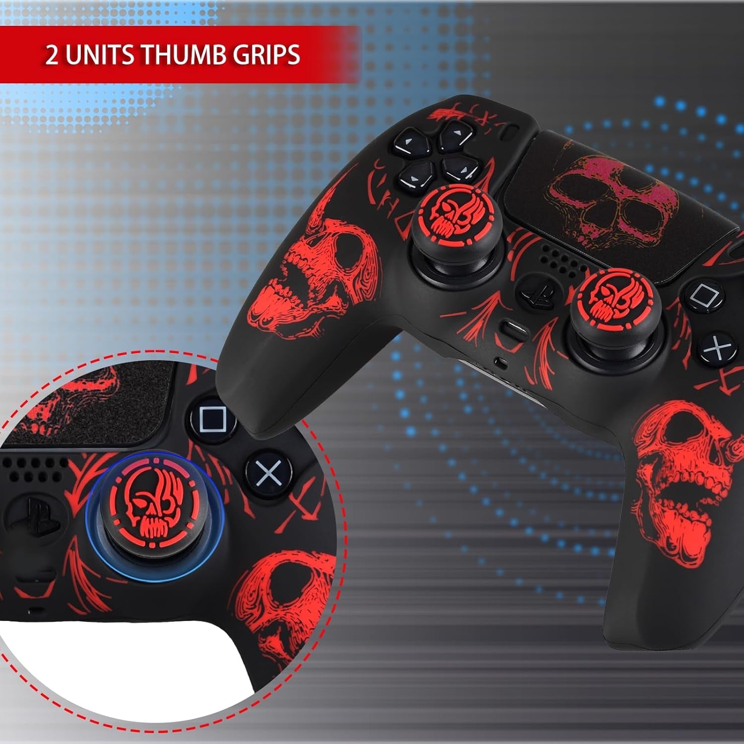 Laser Carving Silicone Skin for PS5 Controller X 1(Skulls Red) with Exclusive Thumb Grips X 8