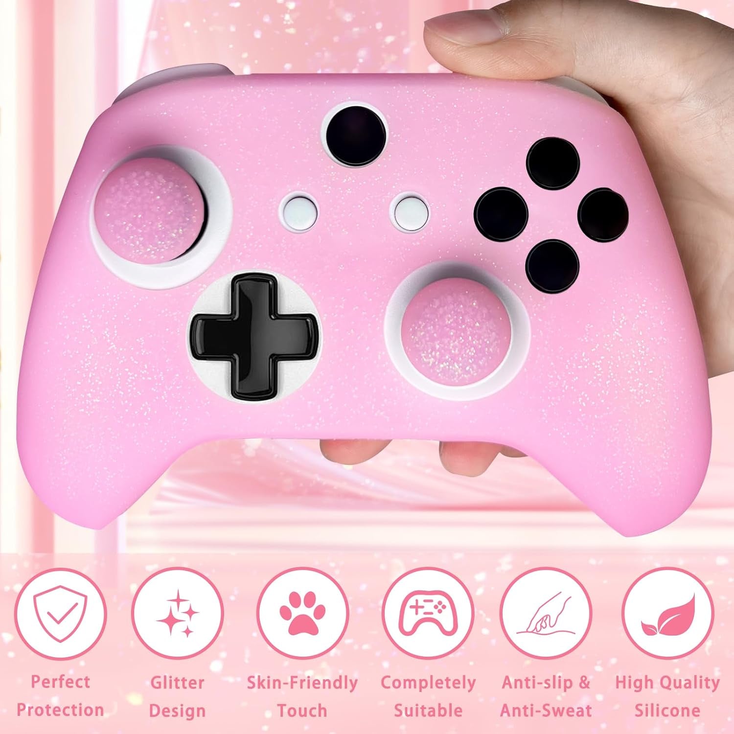 Pink Glitter Anti-Slip Protective Silicone Cover Skin Grips Compatible with Xbox ONE S/X Controller,8 PCS Glitter Thumb Grips Caps and 2 Grips Caps.
