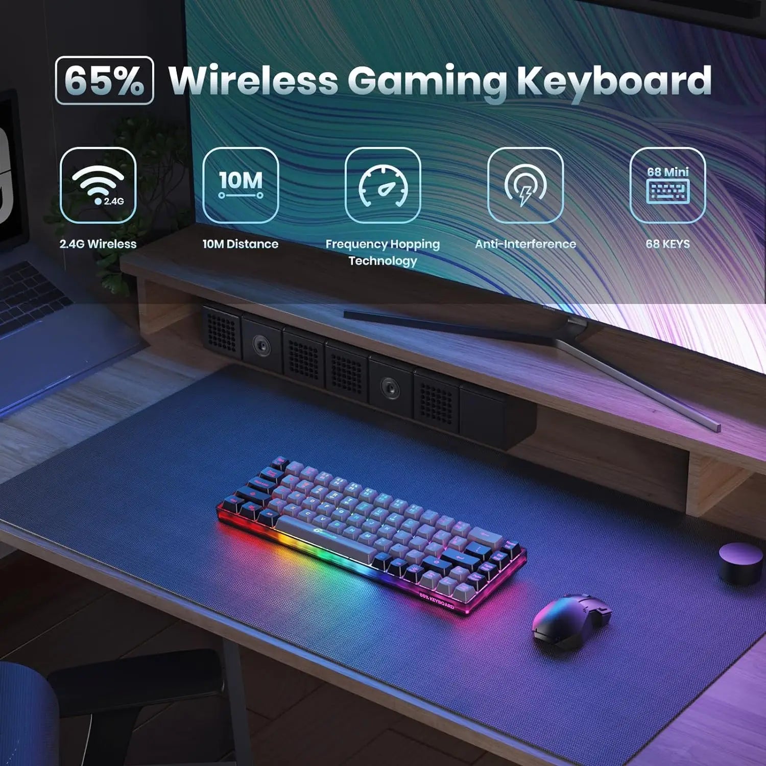 Elevate Your Gaming Experience with the GEODMAER Rechargeable Wireless Backlit Keyboard - 68 Keys Membrane Design for PC in English/Spanish Layout