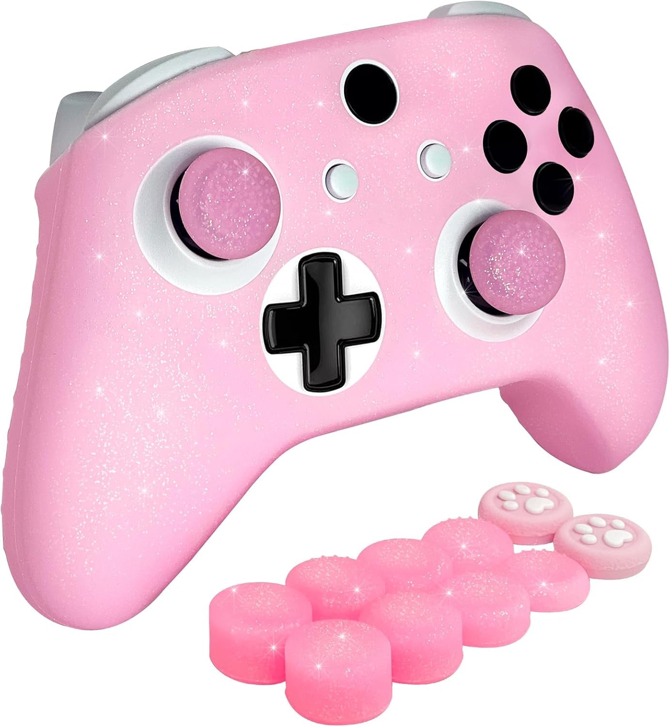 Pink Glitter Anti-Slip Protective Silicone Cover Skin Grips Compatible with Xbox ONE S/X Controller,8 PCS Glitter Thumb Grips Caps and 2 Grips Caps.