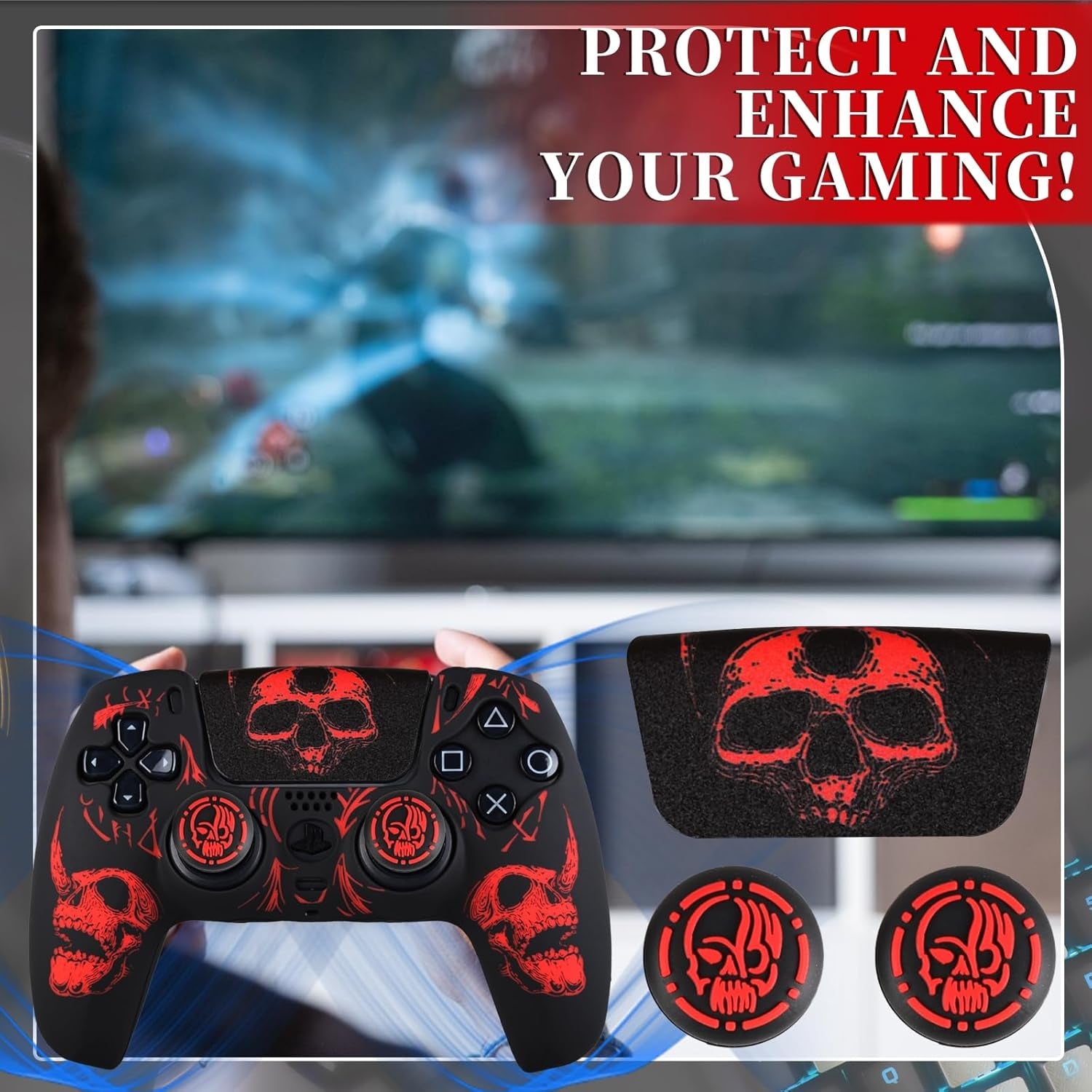 Laser Carving Silicone Skin for PS5 Controller X 1(Skulls Red) with Exclusive Thumb Grips X 8