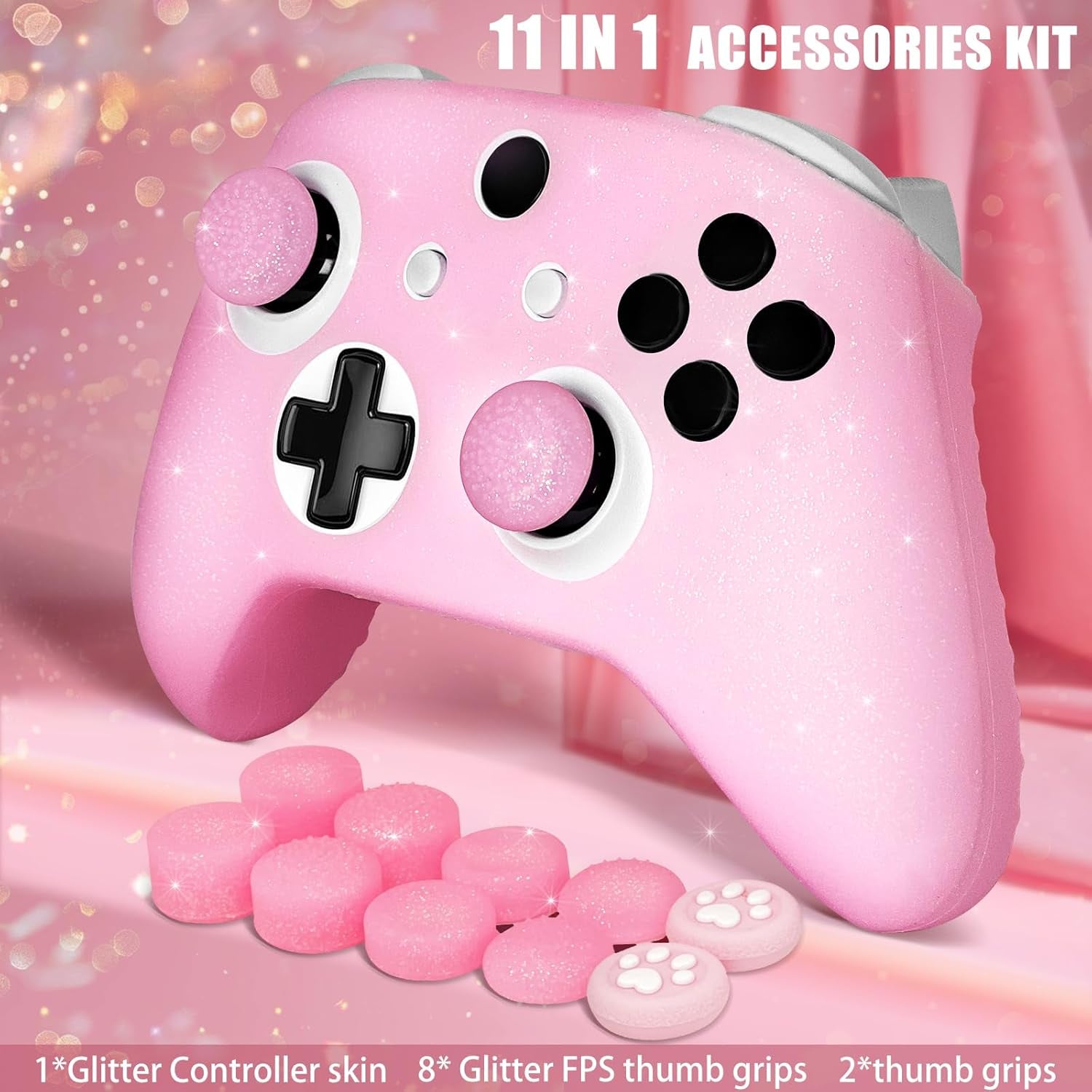 Pink Glitter Anti-Slip Protective Silicone Cover Skin Grips Compatible with Xbox ONE S/X Controller,8 PCS Glitter Thumb Grips Caps and 2 Grips Caps.