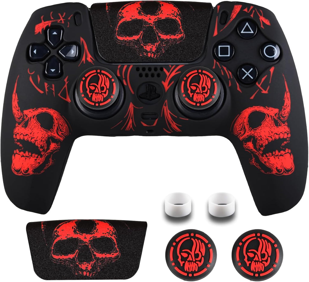 Laser Carving Silicone Skin for PS5 Controller X 1(Skulls Red) with Exclusive Thumb Grips X 8