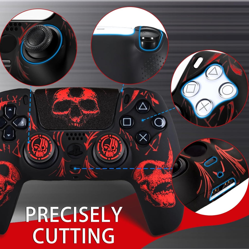 Laser Carving Silicone Skin for PS5 Controller X 1(Skulls Red) with Exclusive Thumb Grips X 8