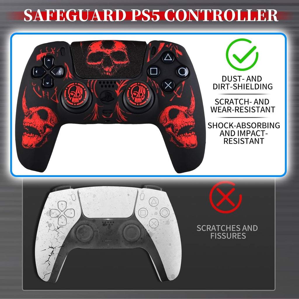 Laser Carving Silicone Skin for PS5 Controller X 1(Skulls Red) with Exclusive Thumb Grips X 8