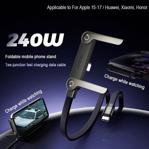 240W Super Fast Charging Invisible Holder Charger Cable with Stand,2-In-1 Braided Charging Cable,Built-In Phone Stand,Multi-Function Foldable 90° USB-C High-Speed Charge Cord,5Ft